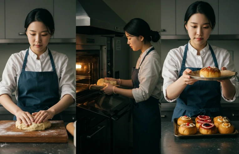 제과기능사 실기 시험의 단계별 준비 과정을 보여주는 사진. 제과기능사 실기 시험의 단계별 준비 과정을 보여주는 사진.