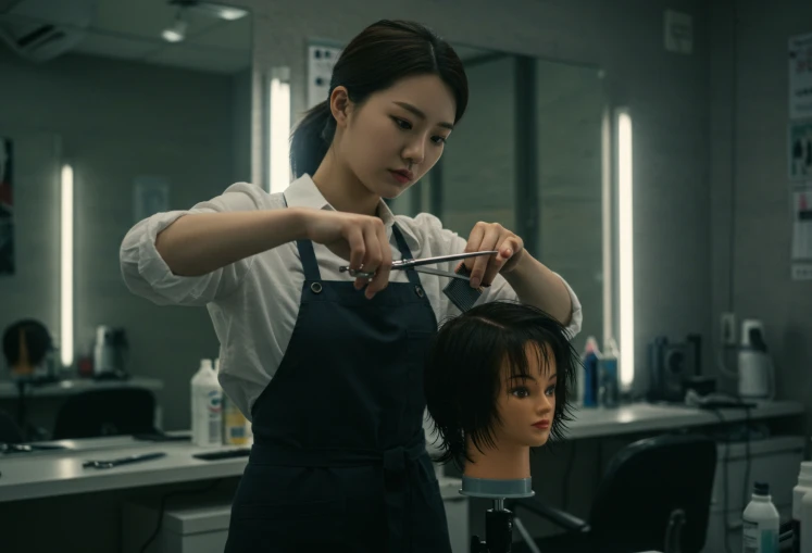 미용사(헤어) 국가자격증 실기 시험을 준비하는 과정을 보여주는 사진. 미용사(헤어) 국가자격증 실기 시험을 준비하는 과정을 보여주는 사진.
