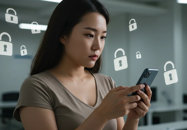 롯데카드 해지 후 신용정보 보호 관리 앱을 확인하는 한국 여성 롯데카드 해지 후 신용정보 보호 관리 앱을 확인하는 한국 여성
