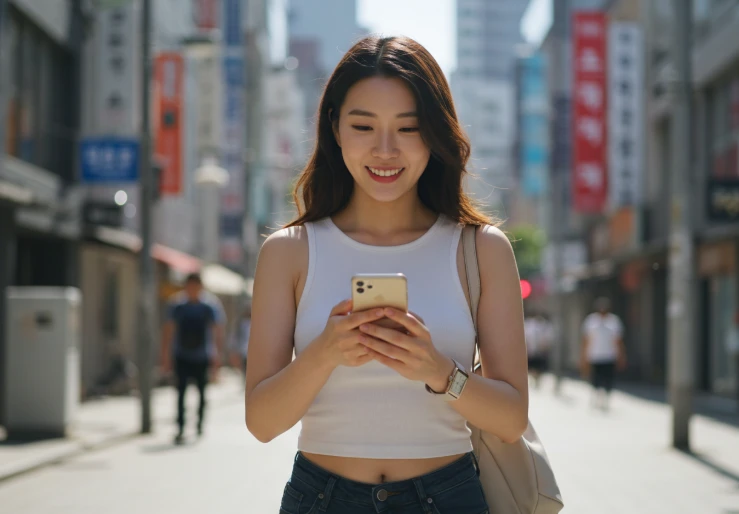 배드뱅크 신청 안내를 스마트폰으로 받는 한국 여성 배드뱅크 신청 안내를 스마트폰으로 받는 한국 여성