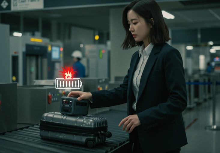 폭발 위험 때문에 비행기 보조배터리 위탁 수하물이 금지되는 상황을 상징하는 이미지 폭발 위험 때문에 비행기 보조배터리 위탁 수하물이 금지되는 상황을 상징하는 이미지