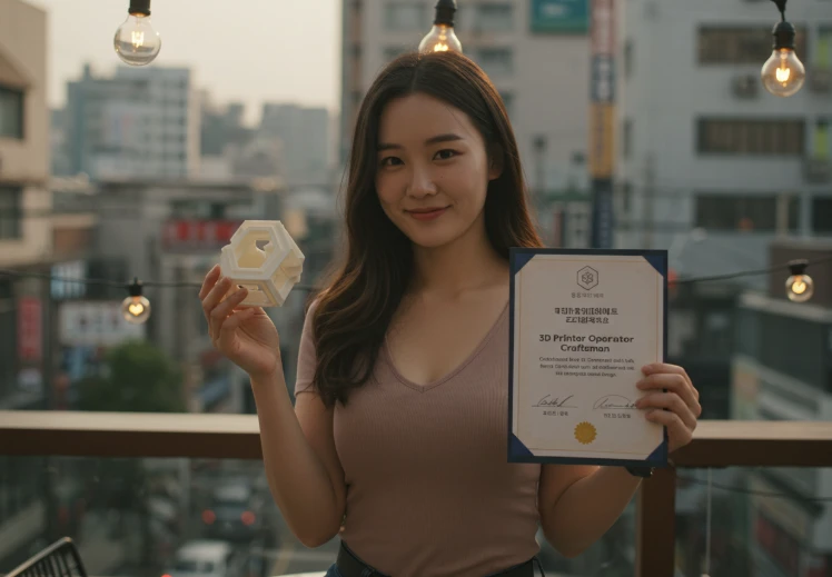 루프탑 카페에서 3D 프린팅 제품과 자격증을 들고 자신감 넘치는 표정을 짓는 한국 여성. 루프탑 카페에서 3D 프린팅 제품과 자격증을 들고 자신감 넘치는 표정을 짓는 한국 여성.
