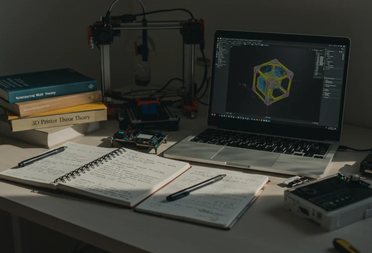책상 위 교재와 3D 모델링이 보이는 노트북 화면, 3D 프린터 부품이 놓인 학습 공간. 책상 위 교재와 3D 모델링이 보이는 노트북 화면, 3D 프린터 부품이 놓인 학습 공간.