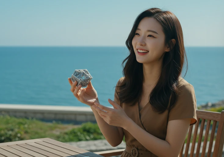 바다가 보이는 테라스에서 3D 프린팅 작품을 들고 있는 한국 여성. 바다가 보이는 테라스에서 3D 프린팅 작품을 들고 있는 한국 여성.