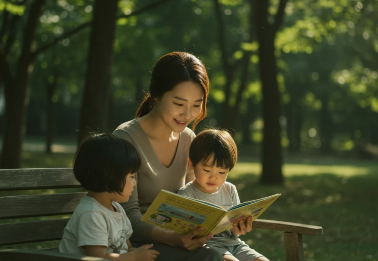 숲속 공원 벤치에서 아이와 함께 책을 읽어주는 한국 여성. 숲속 공원 벤치에서 아이와 함께 책을 읽어주는 한국 여성.