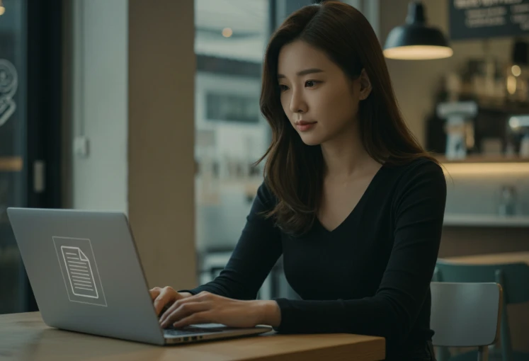 노트북으로 온라인 서류를 발급받고 있는 한국 여성. 노트북으로 온라인 서류를 발급받고 있는 한국 여성.