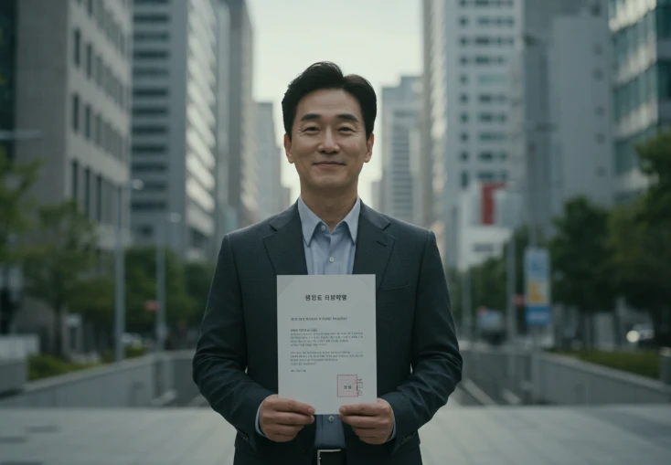 정장 차림으로 서류를 들고 당당하게 서 있는 한국 남성. 정장 차림으로 서류를 들고 당당하게 서 있는 한국 남성.