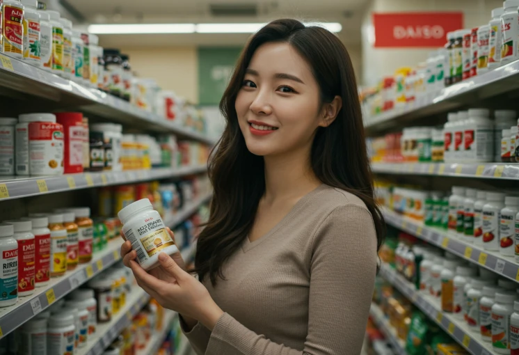 다이소 영양제 코너에서 제품을 살펴보고 있는 한국 여성. 다이소 영양제 코너에서 제품을 살펴보고 있는 한국 여성.