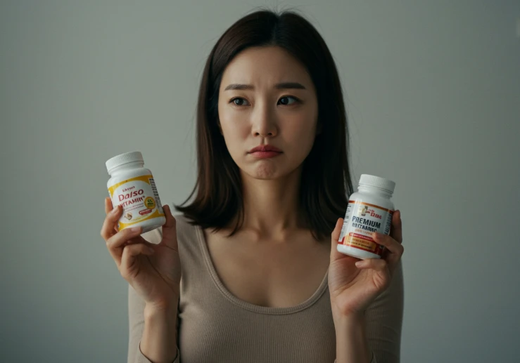 한 손에는 다이소 영양제, 다른 손에는 고가 영양제를 들고 비교하는 한국 여성. 한 손에는 다이소 영양제, 다른 손에는 고가 영양제를 들고 비교하는 한국 여성.