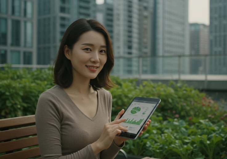 도심 옥상 정원에서 태블릿으로 와사비 재배 수익을 확인하는 한국 여성. 도심 옥상 정원에서 태블릿으로 와사비 재배 수익을 확인하는 한국 여성.