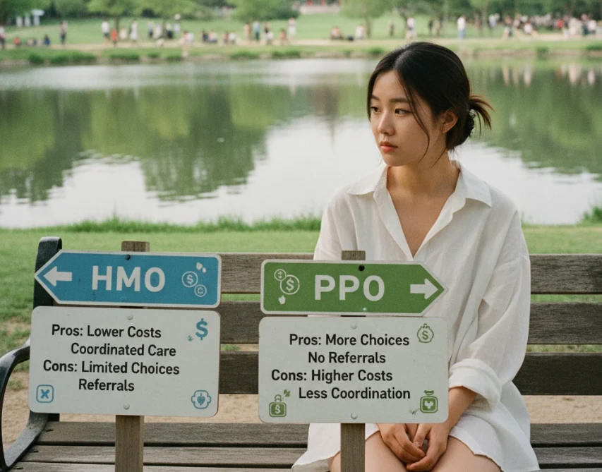 HMO와 PPO 플랜 선택을 고민하는 모습