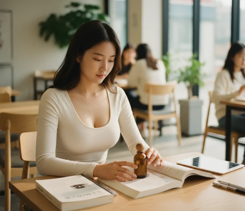 마사지사 자격증 필기시험 준비에 집중하다가 실기 연습 도구들을 보며 생각에 잠긴 20대 한국 여성의 모습 마사지사 자격증 필기시험 준비에 집중하다가 실기 연습 도구들을 보며 생각에 잠긴 20대 한국 여성의 모습