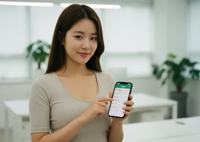 케이뱅크 모바일 앱을 통해 다양한 청년 적금 상품을 확인하고 있는 20대 한국 여성