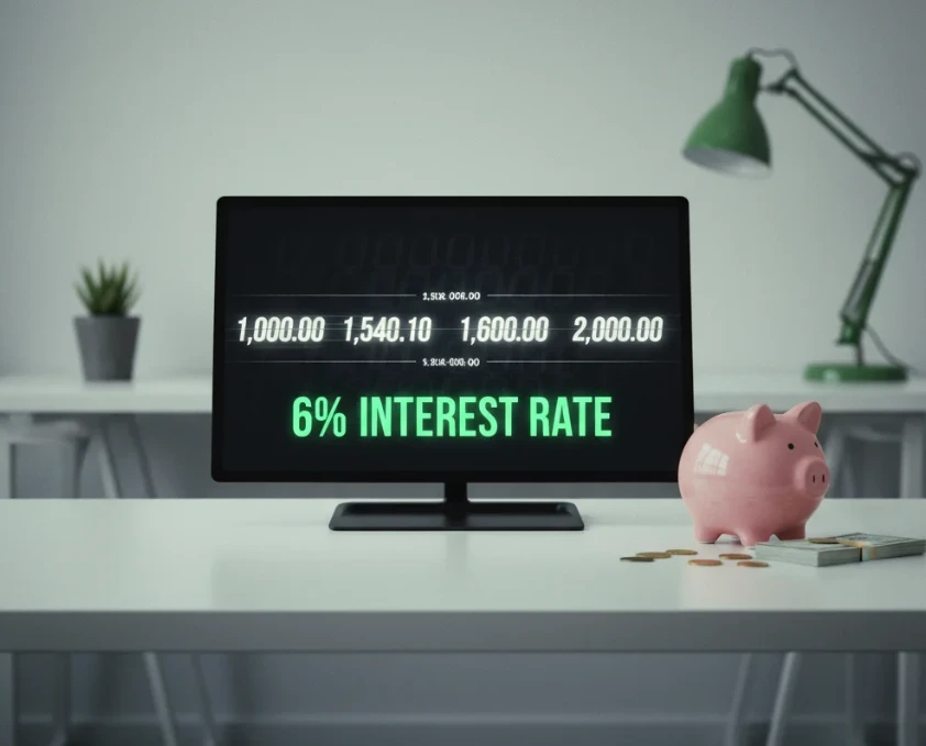 10,000원이 6% 이자율로 불어나는 것을 상징하는 이미지