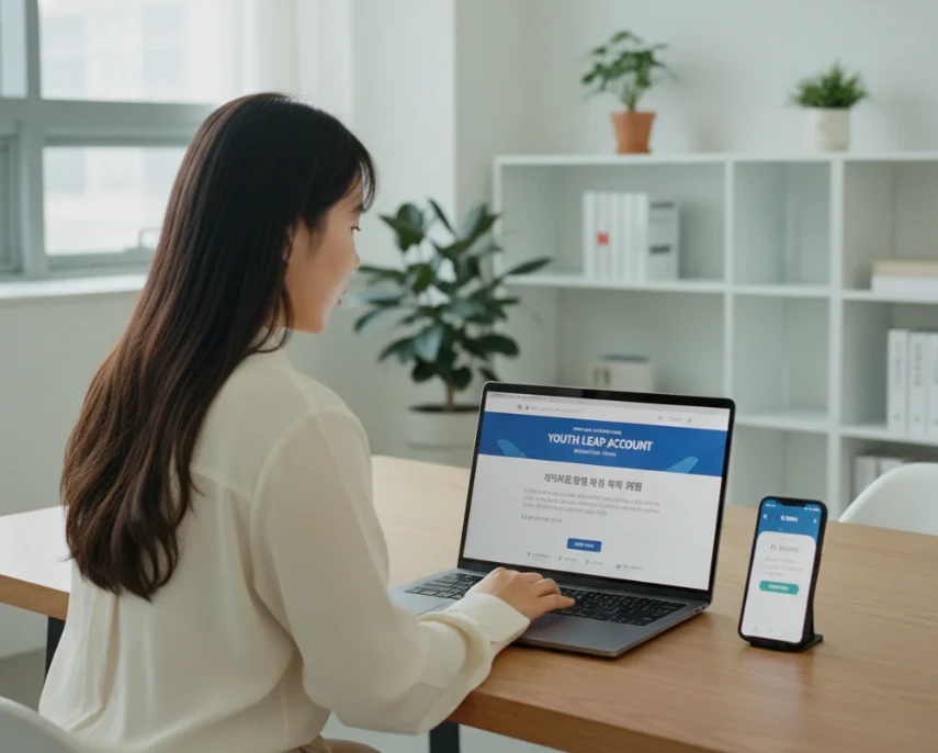 정부 지원금 사이트를 확인하는 노트북과 그 옆에 놓인 케이뱅크 앱이 보이는 스마트폰 이미지