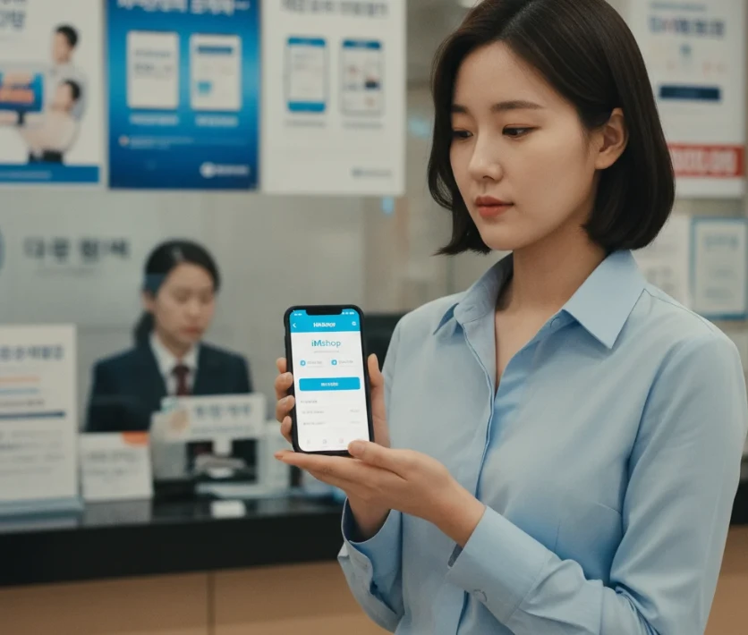 대구로페이 모바일 앱이 보이는 스마트폰과 대구은행 창구를 함께 보여주는 이미지 대구로페이 모바일 앱이 보이는 스마트폰과 대구은행 창구를 함께 보여주는 이미지