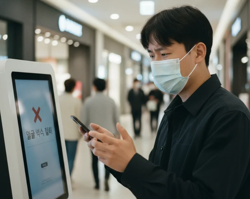 마스크를 쓴 채 키오스크 앞에서 결제를 시도하며 난감해하는 20대 한국 남성의 모습 마스크를 쓴 채 키오스크 앞에서 결제를 시도하며 난감해하는 20대 한국 남성의 모습