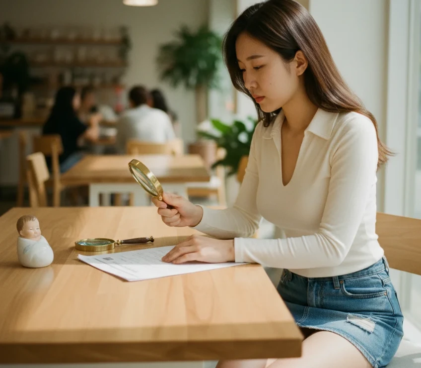노인과 아이를 상징하는 오브젝트와 함께 에너지 바우처 신청 서류를 신중하게 검토하는 한국 여성 노인과 아이를 상징하는 오브젝트와 함께 에너지 바우처 신청 서류를 신중하게 검토하는 한국 여성