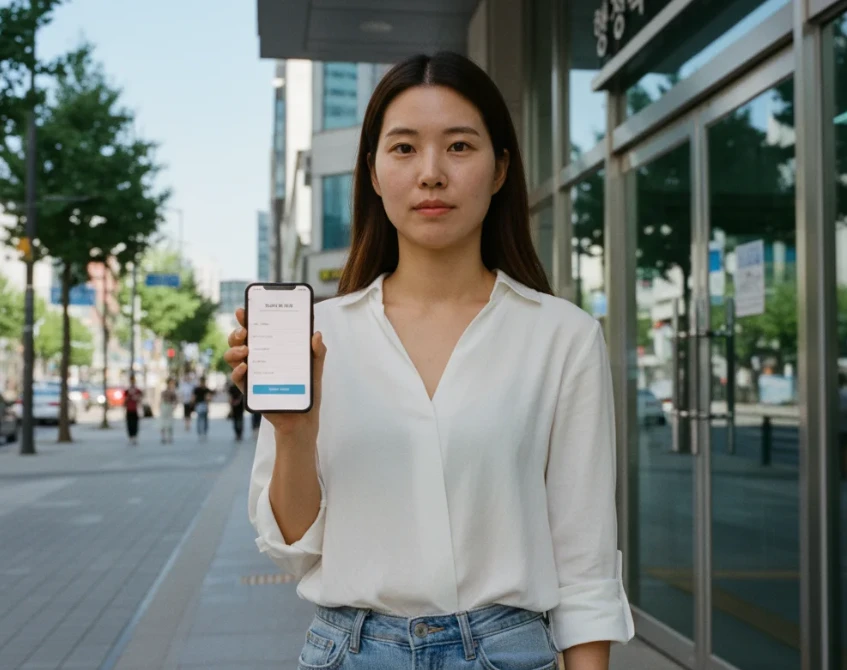읍·면·동 행정복지센터 앞에서 스마트폰으로 복지로 누리집 온라인 신청 화면을 확인하는 한국 여성 읍·면·동 행정복지센터 앞에서 스마트폰으로 복지로 누리집 온라인 신청 화면을 확인하는 한국 여성