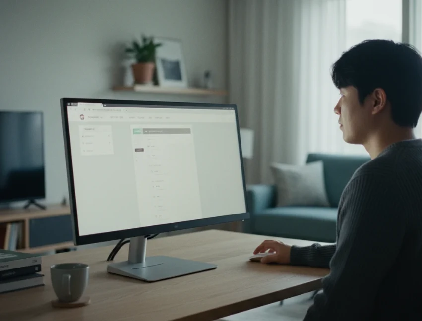 넓은 PC 모니터 화면에 홈택스 사이트 메뉴를 띄워놓고 근로장려금 정보를 확인하는 모습 넓은 PC 모니터 화면에 홈택스 사이트 메뉴를 띄워놓고 근로장려금 정보를 확인하는 모습