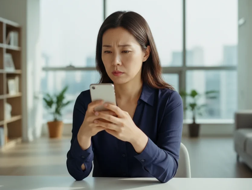 케이뱅크 앱 화면을 신중하게 확인하며, 자격 요건 및 사기 주의사항을 체크하는 한국 여성 케이뱅크 앱 화면을 신중하게 확인하며, 자격 요건 및 사기 주의사항을 체크하는 한국 여성
