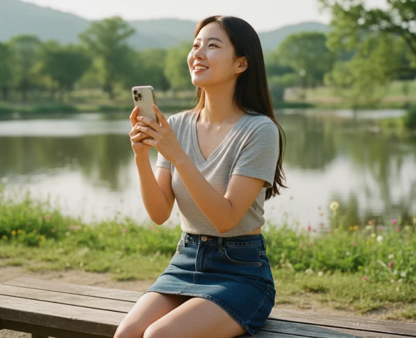 공원에서 케이뱅크 앱을 사용하며 편리함에 만족한 듯 웃고 있는 한국 여성 공원에서 케이뱅크 앱을 사용하며 편리함에 만족한 듯 웃고 있는 한국 여성