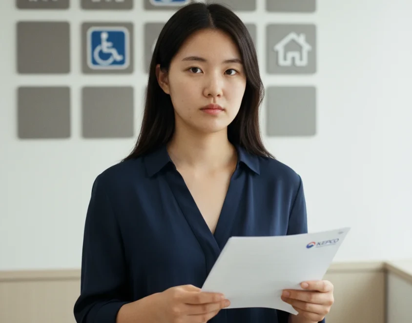 복지 할인을 상징하는 이미지와 한전 서류를 들고 있는 한국 여성