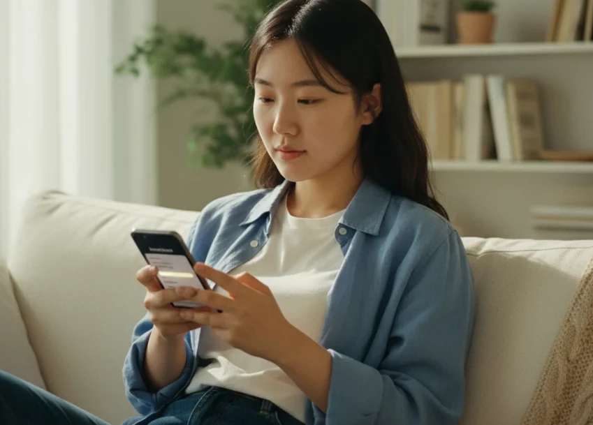 모바일 앱으로 건강보험료 환급금을 조회하는 20대 한국 여성 모바일 앱으로 건강보험료 환급금을 조회하는 20대 한국 여성
