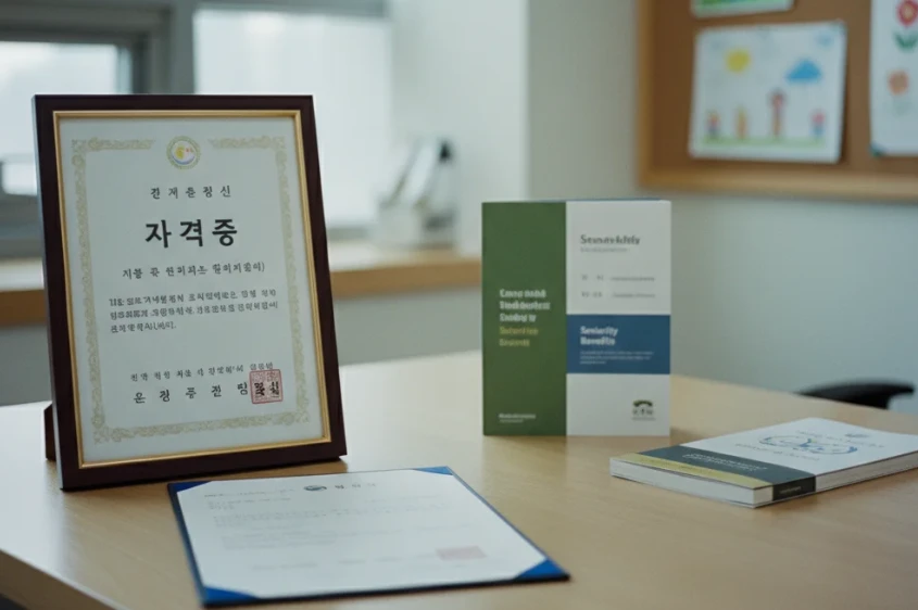 보육교사 자격증과 공식 경력증명서 서류를 보여주는 사진