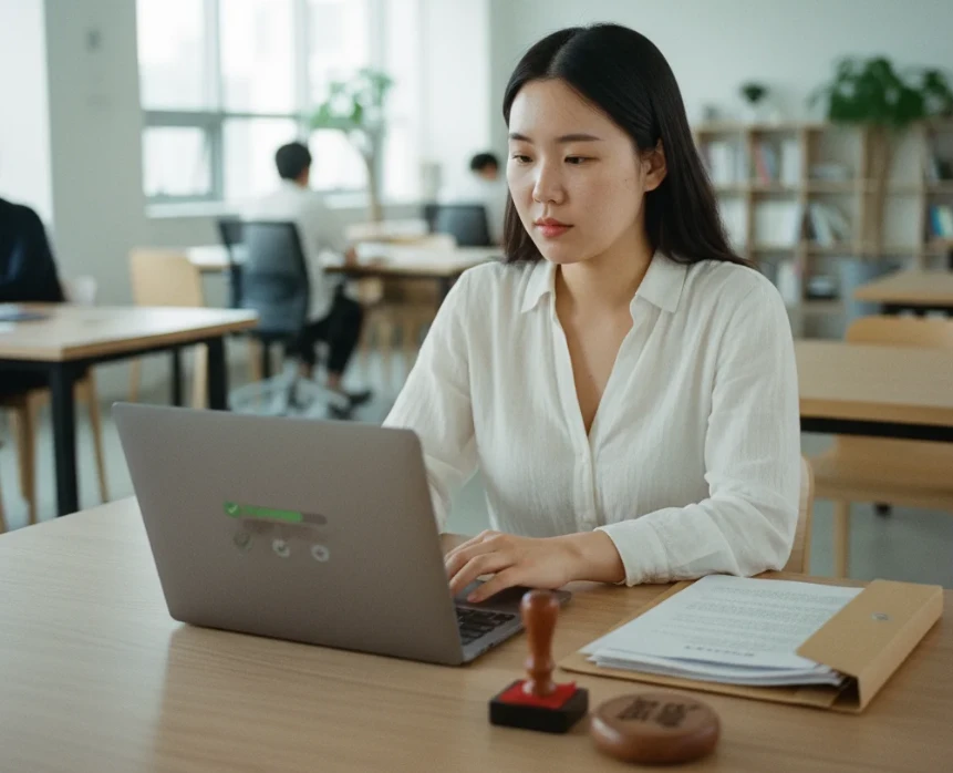 소상공인 긴급경영 안전자금의 4단계 신청 절차를 보여주는 20대 한국 여성 소상공인 긴급경영 안전자금의 4단계 신청 절차를 보여주는 20대 한국 여성