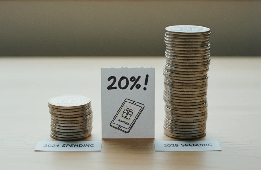 작년 대비 증가한 소비액과 20% 환급율을 상징하는 사진 작년 대비 증가한 소비액과 20% 환급율을 상징하는 사진