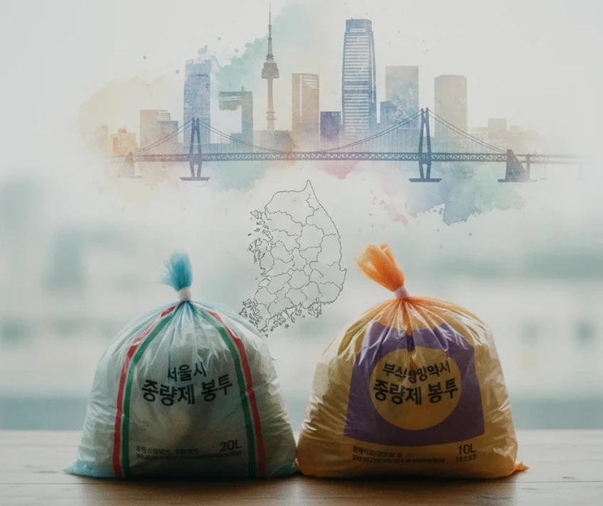서울, 부산 등 다른 지역의 도시 배경을 뒤로 한 채 대비되는 두 개의 종량제 봉투 서울, 부산 등 다른 지역의 도시 배경을 뒤로 한 채 대비되는 두 개의 종량제 봉투
