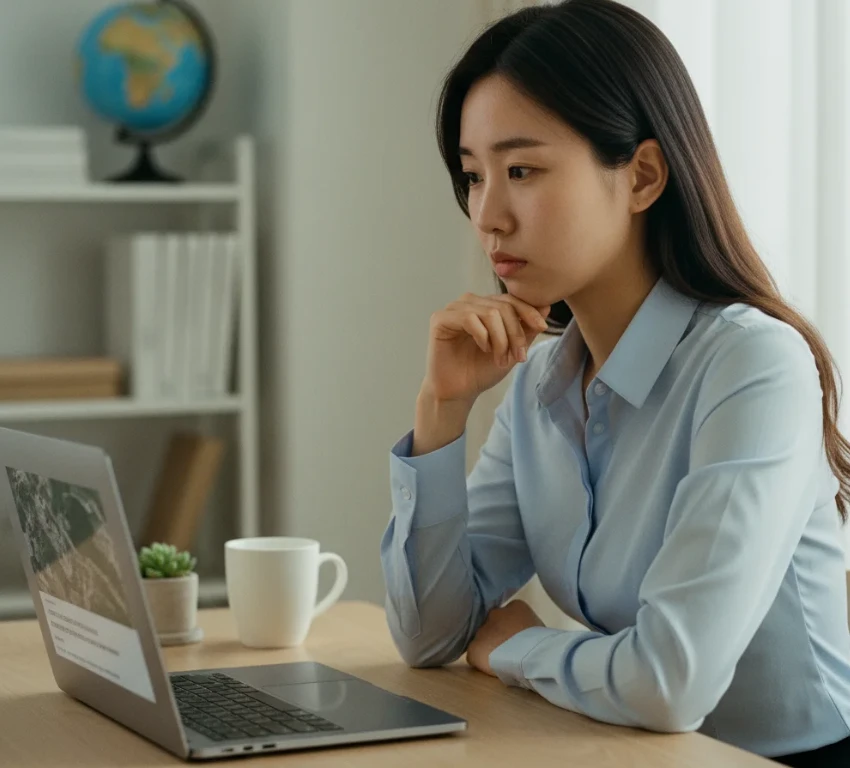 노트북 화면에 뜬 우라늄 정련공장 침전지 폐수 방류 관련 위성사진 뉴스 기사를 보는 20대 한국 여성 노트북 화면에 뜬 우라늄 정련공장 침전지 폐수 방류 관련 위성사진 뉴스 기사를 보는 20대 한국 여성