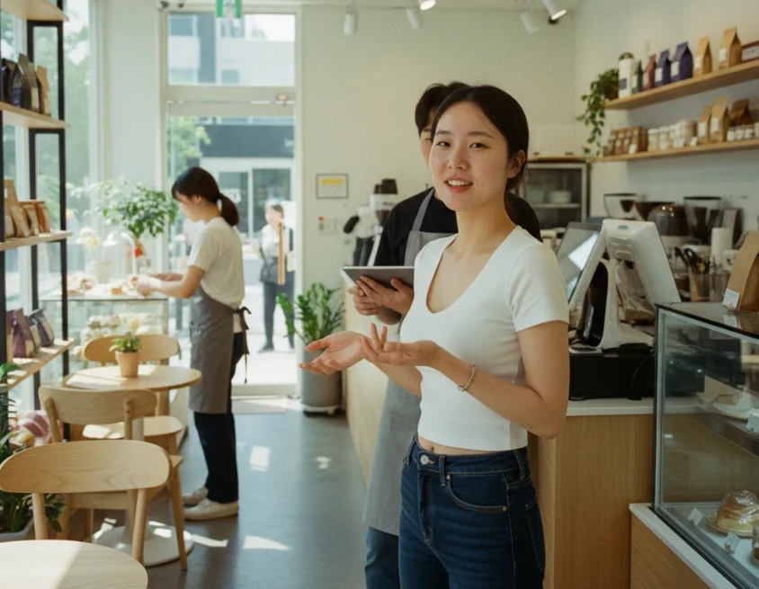 작은 가게 안에서 소수의 동료들과 함께 일하는 20대 한국 여성 사업가 작은 가게 안에서 소수의 동료들과 함께 일하는 20대 한국 여성 사업가