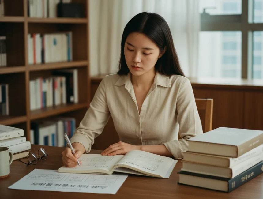 책상에서 스마트 팜 관련 전문 서적과 자료를 집중해서 공부하는 한국 여성 책상에서 스마트 팜 관련 전문 서적과 자료를 집중해서 공부하는 한국 여성