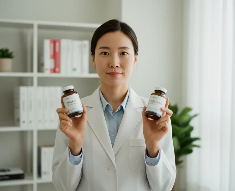 약사 또는 의사처럼 보이는 한국 여성이 영양제를 들고 설명하는 모습 약사 또는 의사처럼 보이는 한국 여성이 영양제를 들고 설명하는 모습
