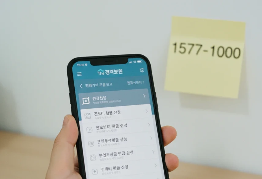 'The 건강보험' 모바일 앱 화면과 고객센터 전화번호가 적힌 메모 'The 건강보험' 모바일 앱 화면과 고객센터 전화번호가 적힌 메모