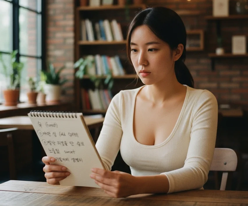 지브리 이미지 생성을 위한 구체적인 묘사 키워드 메모를 들고 있는 한국 여성 지브리 이미지 생성을 위한 구체적인 묘사 키워드 메모를 들고 있는 한국 여성