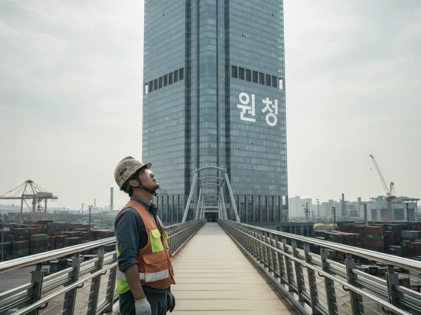 원청 건물과 하청 노동자 사이의 교섭 통로를 상징하는 이미지 원청 건물과 하청 노동자 사이의 교섭 통로를 상징하는 이미지