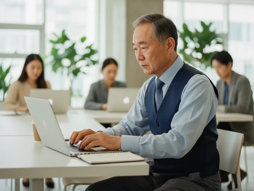 노령연금 수급 연령대의 한국인이 사무실에서 일하는 모습 노령연금 수급 연령대의 한국인이 사무실에서 일하는 모습