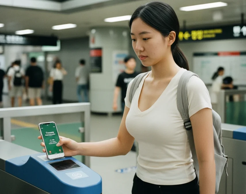 아이폰으로 지하철 개찰구에서 티머니 결제를 하는 20대 한국 여성 아이폰으로 지하철 개찰구에서 티머니 결제를 하는 20대 한국 여성