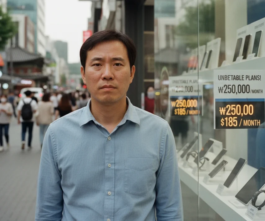 휴대폰 가격표를 바라보며 실망한 표정을 짓고 있는 30대 한국 남성. 휴대폰 가격표를 바라보며 실망한 표정을 짓고 있는 30대 한국 남성.