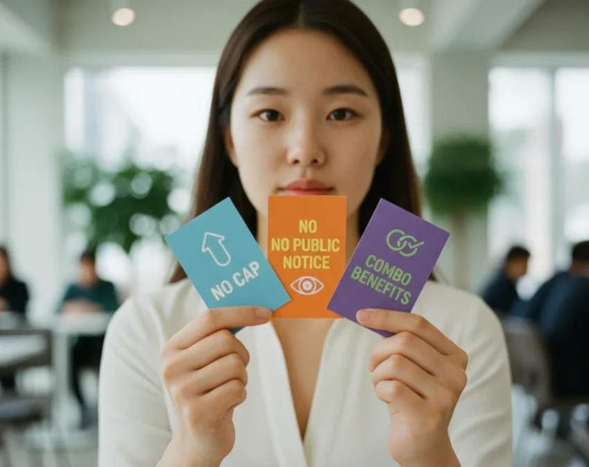 다양한 혜택을 상징하는 세 가지 카드를 펼쳐 들고 있는 20대 한국 여성의 손. 다양한 혜택을 상징하는 세 가지 카드를 펼쳐 들고 있는 20대 한국 여성의 손.
