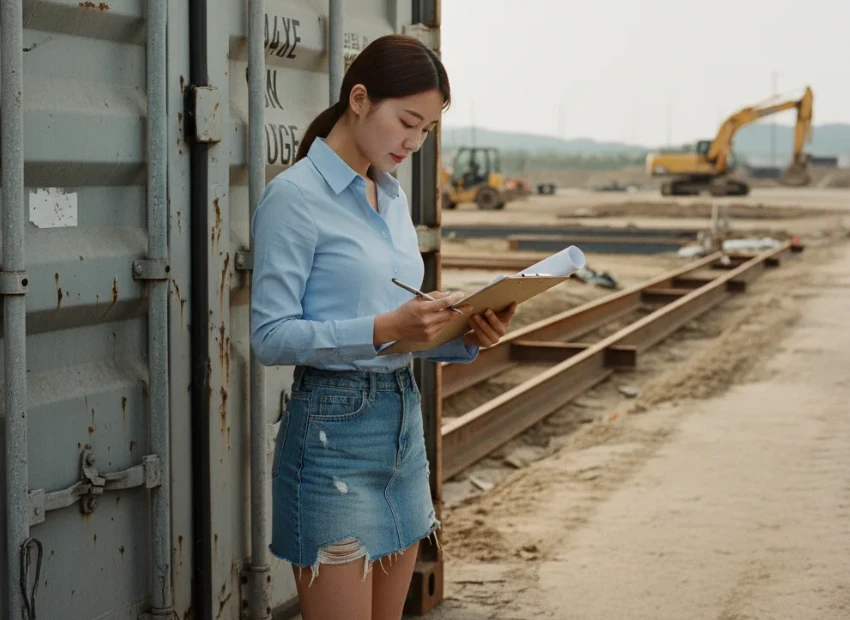 컨테이너 옆에서 컨테이너 스마트 팜 설계를 점검하고 있는 한국 여성 컨테이너 옆에서 컨테이너 스마트 팜 설계를 점검하고 있는 한국 여성