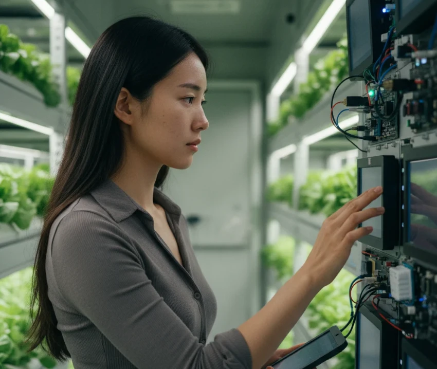 온도, 습도, CO2 센서와 복잡한 배선이 연결된 환경 제어 패널을 점검하는 한국 여성 온도, 습도, CO2 센서와 복잡한 배선이 연결된 환경 제어 패널을 점검하는 한국 여성