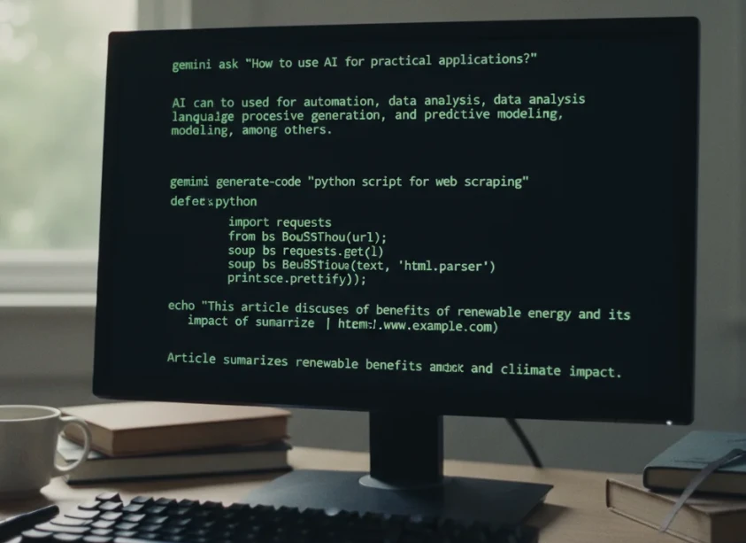 Gemini CLI의 'ask', 'generate-code', 'summarize' 명령어 사용 예시가 보이는 터미널 화면 Gemini CLI의 'ask', 'generate-code', 'summarize' 명령어 사용 예시가 보이는 터미널 화면