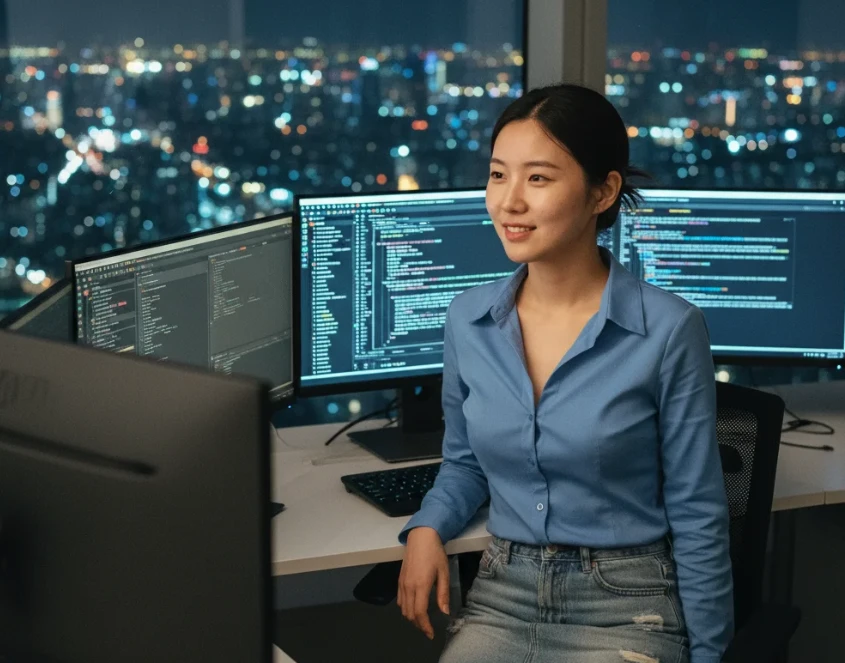 도심 야경이 보이는 고층 사무실에서 Gemini CLI를 사용하며 만족하는 20대 한국 여성 개발자. 도심 야경이 보이는 고층 사무실에서 Gemini CLI를 사용하며 만족하는 20대 한국 여성 개발자.