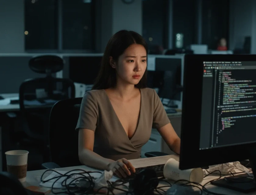 복잡한 코드나 엉킨 전선 앞에서 실패를 인정하는 듯한 표정을 짓는 20대 한국 여성. 복잡한 코드나 엉킨 전선 앞에서 실패를 인정하는 듯한 표정을 짓는 20대 한국 여성.