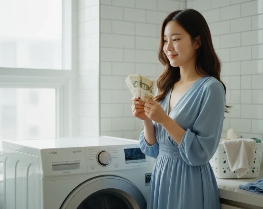 새 가전제품 옆에서 환급받을 금액을 상징하는 지폐 다발을 들고 기뻐하는 20대 한국 여성. 새 가전제품 옆에서 환급받을 금액을 상징하는 지폐 다발을 들고 기뻐하는 20대 한국 여성.