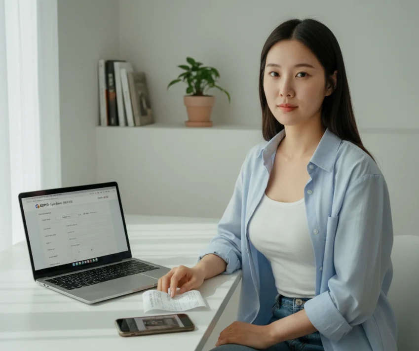 노트북으로 한전 사이버지점에 접속하여 구매 영수증과 제품 라벨 사진을 첨부하는 20대 한국 여성. 노트북으로 한전 사이버지점에 접속하여 구매 영수증과 제품 라벨 사진을 첨부하는 20대 한국 여성.